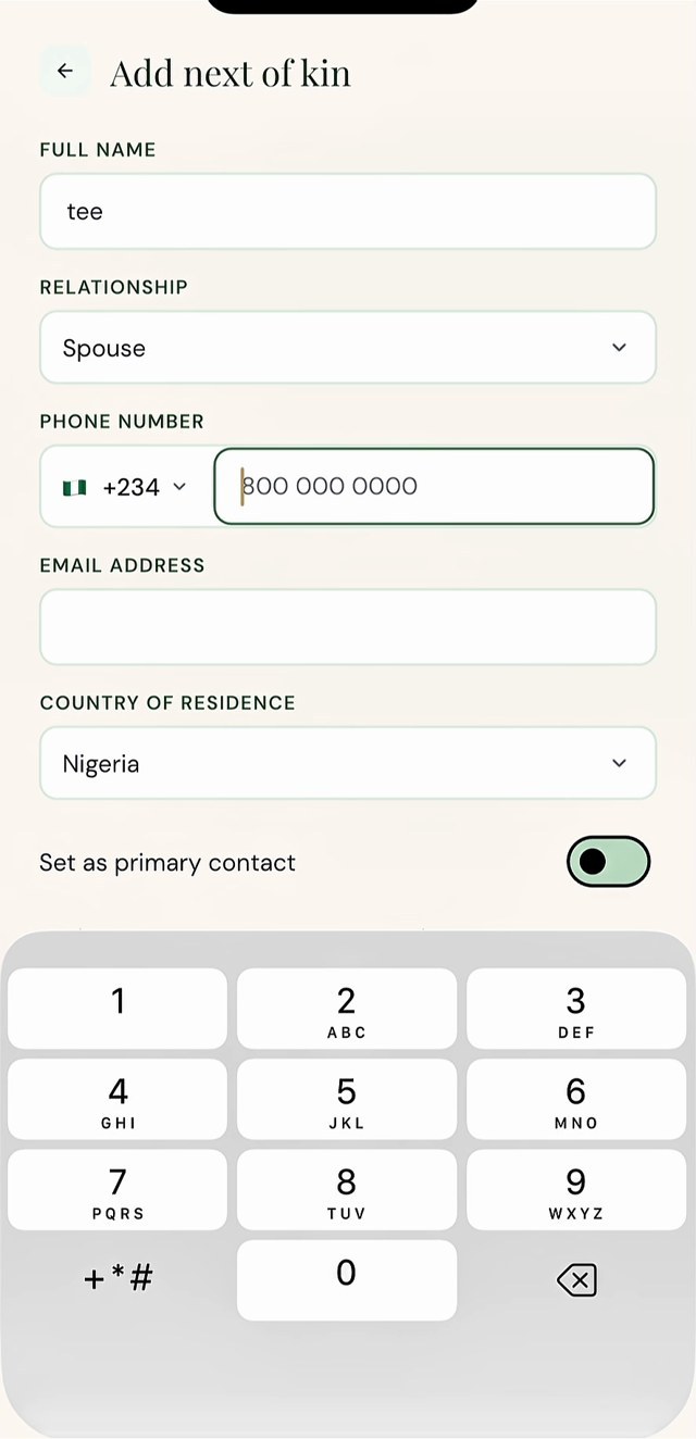 Remayn app screen for adding a next of kin