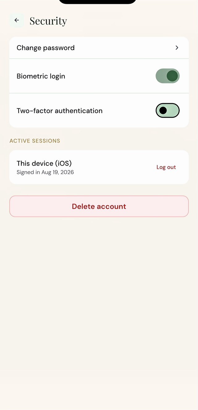 Remayn app: security settings with biometric login and two-factor authentication
